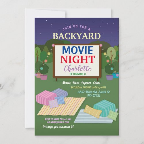 Backyard Movie Night Party Birthday Popcorn Film Invitation
