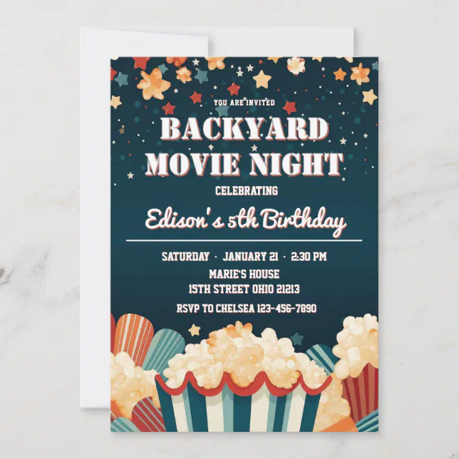 Backyard Movie Night PopCorn Birthday Party Invitation | Zazzle
