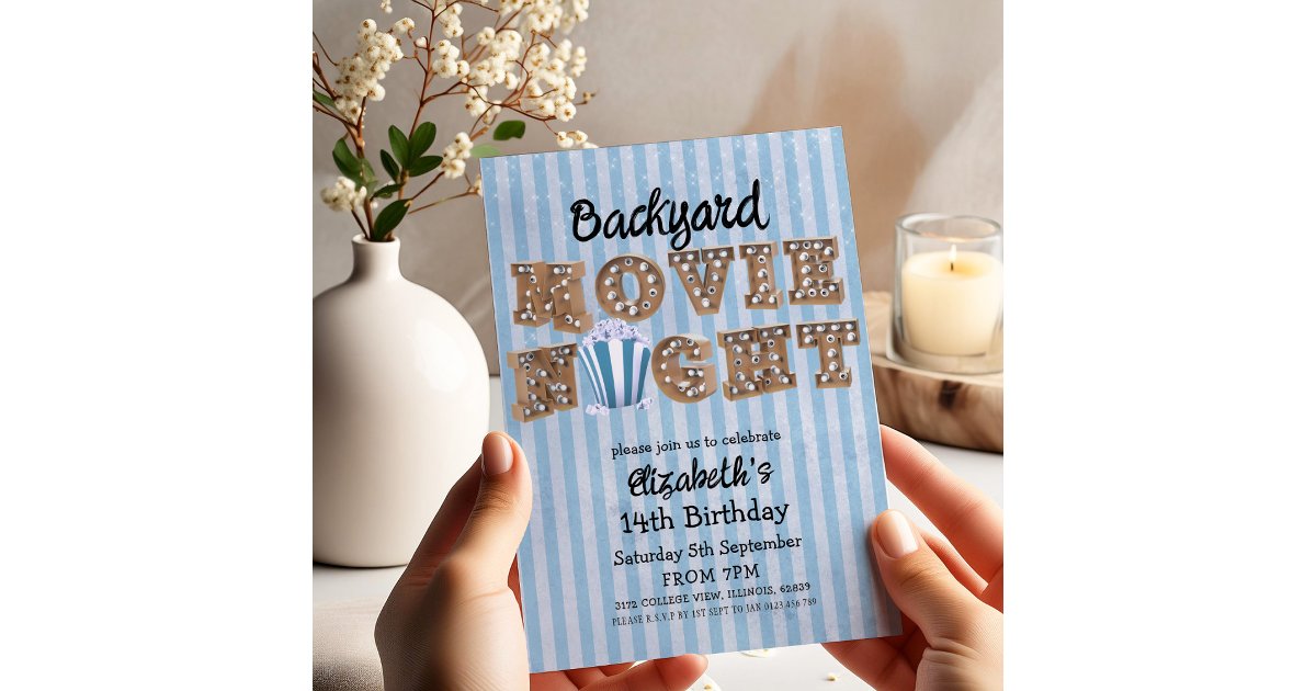 Backyard Movie Night Popcorn Marquee Lights Party Invitation | Zazzle