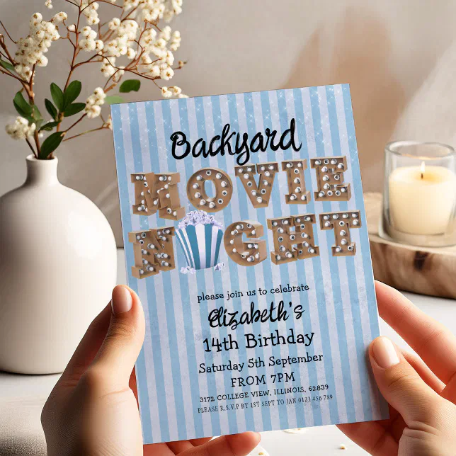 Backyard Movie Night Popcorn Marquee Lights Party Invitation | Zazzle