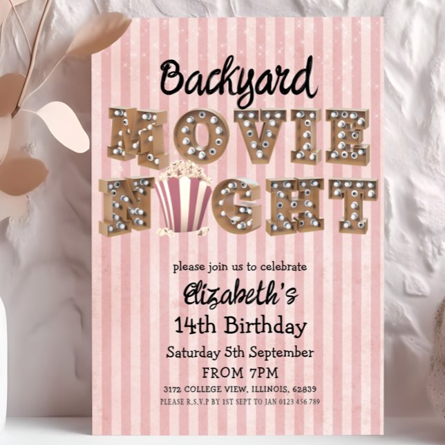 Backyard Movie Night Popcorn Marquee Lights Party Invitation (Creator Uploaded)