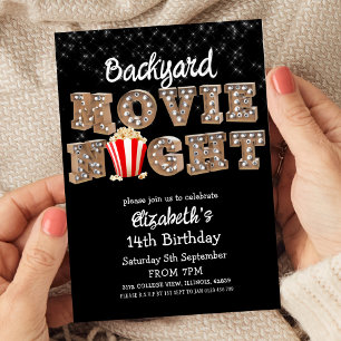 Backyard Movie Night Popcorn Marquee Lights Party Invitation