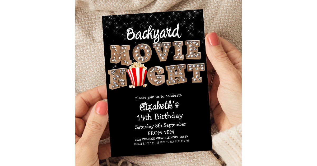 Backyard Movie Night Popcorn Marquee Lights Party Invitation | Zazzle