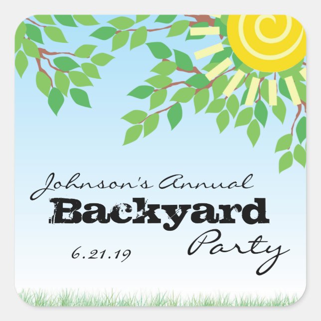 Backyard Party with Trees & Grass Personalized Square Sticker (Front)