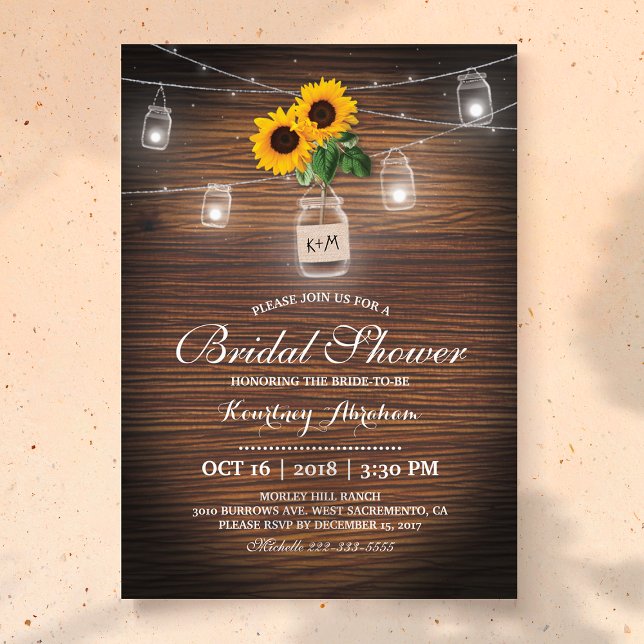 Backyard Rustic Sunflower Jar Lights Bridal Shower Invitation (Creator Uploaded)