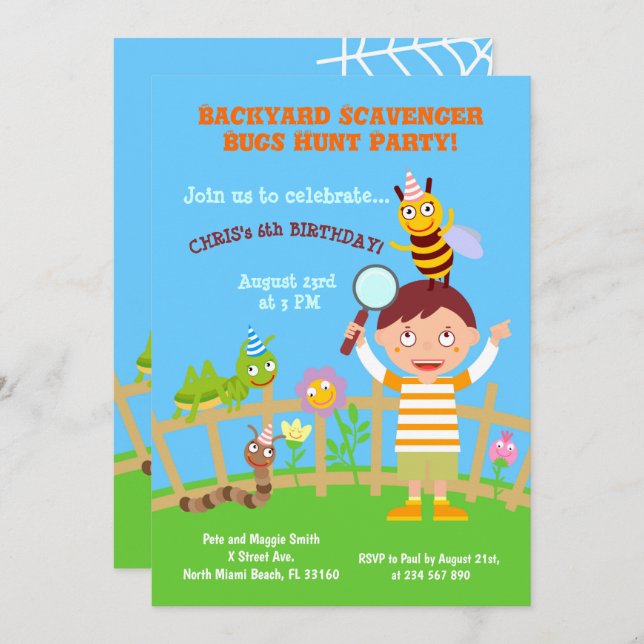 Backyard scavenger bugs hunt birhtday party  invitation (Front/Back)