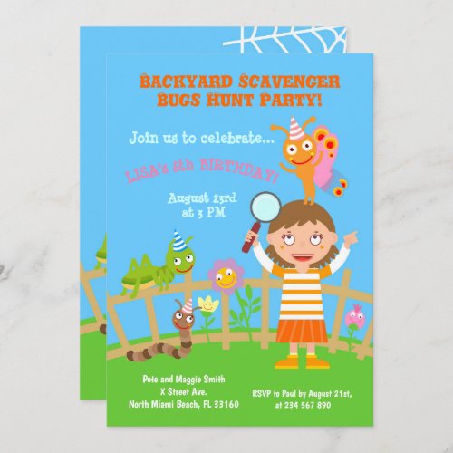 Backyard scavenger bugs hunt birhtday party invitation