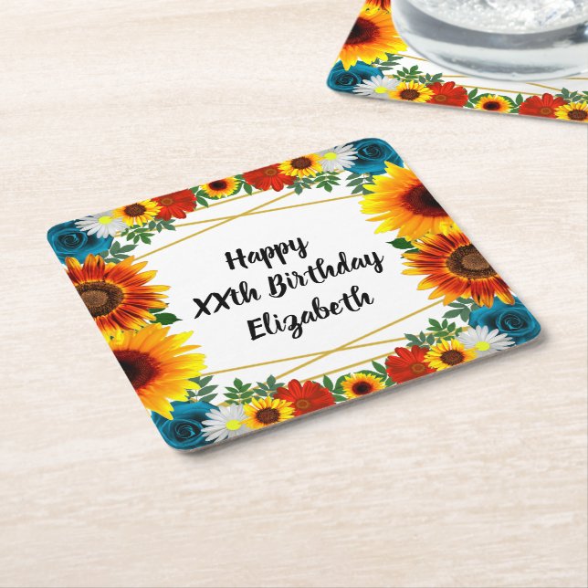 Backyard Summer Floral Geometric Square Paper Coaster (Angled)