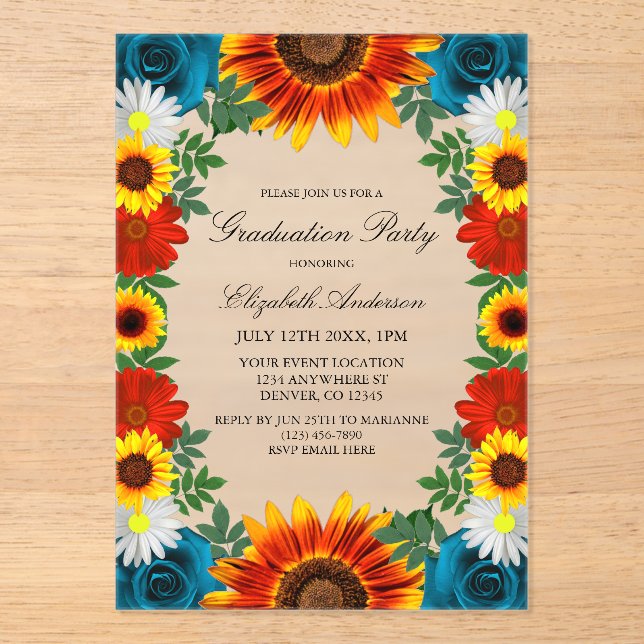 Backyard Summer Floral Graduation Party Acrylic Invitations (Front)