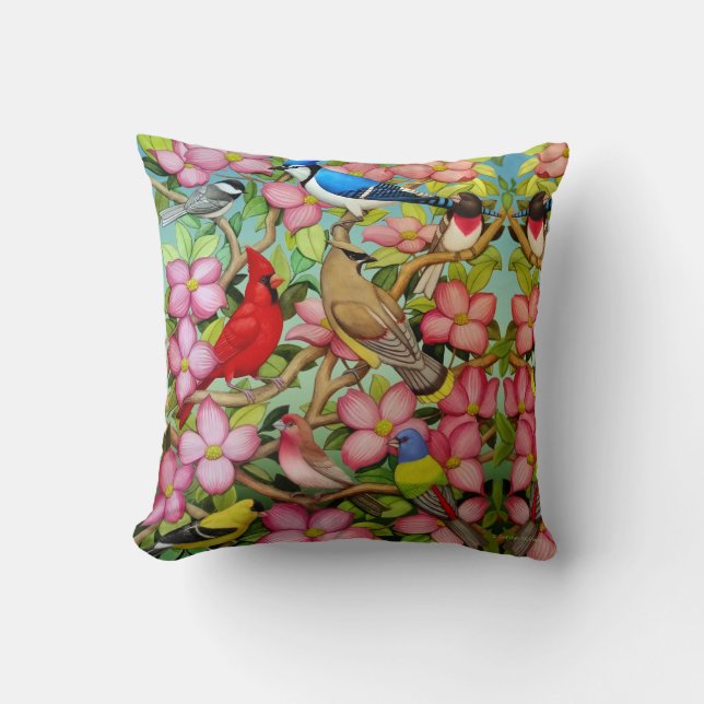Backyard Wild Birds in Dogwood Pillow (Front)