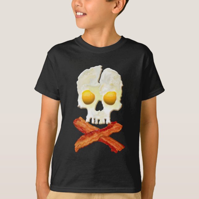 Bacon Crossbones Eggs Skull Sizzling T-Shirt (Front)