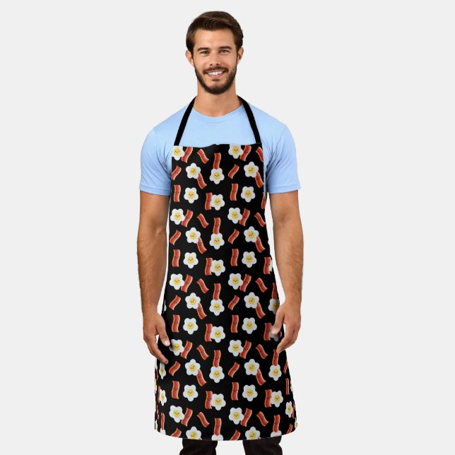 Bacon & Eggs Cute Kawaii Character Pattern Black Apron (Worn)
