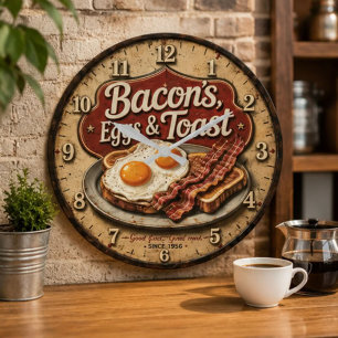 Bacon Eggs & Toast Farmhouse Breakfast Kitchen Large Clock