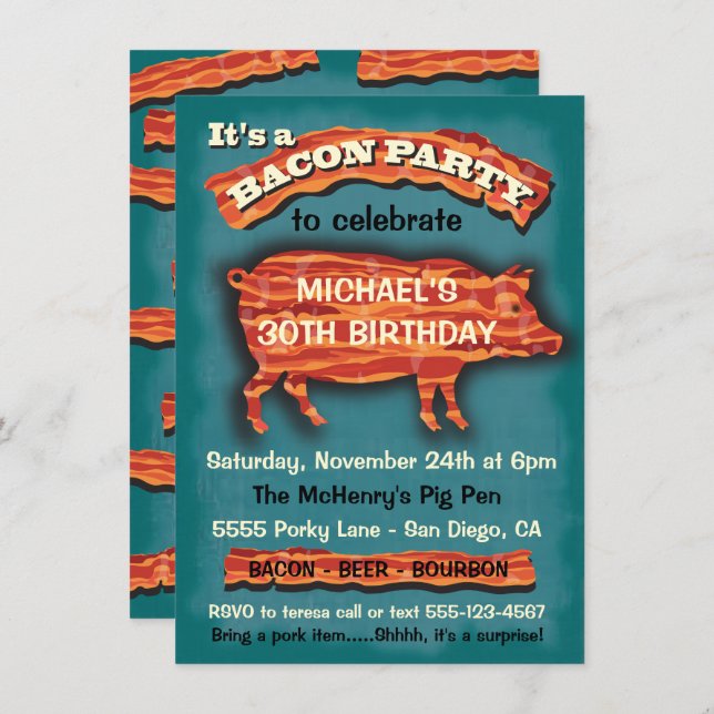 Bacon Pork Pig Party Invitation (Front/Back)