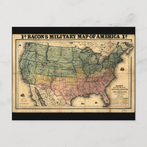 Bacons Military Map of the United States 1862 Postcard