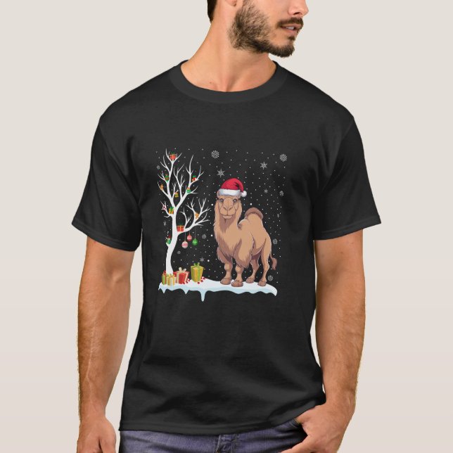Bactrian Camel Santa Hat Festive Tree Light Christ T-Shirt (Front)