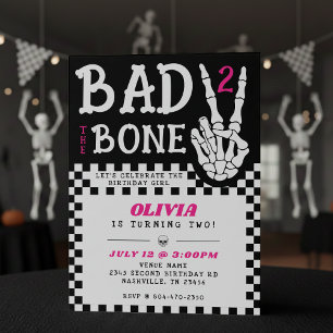 Bad 2 the Bone Skeleton Pink 2nd Birthday Party Invitation
