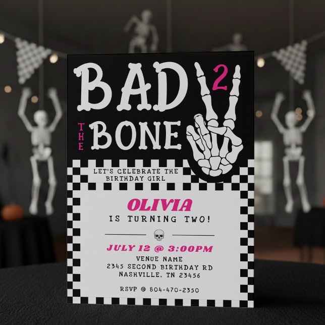 Bad 2 the Bone Skeleton Pink 2nd Birthday Party Invitation (Bad 2 the Bone Skeleton Pink 2nd Birthday Party Invitation
)
