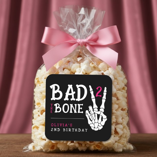 Bad 2 the Bone Skeleton Pink 2nd Birthday Party Square Sticker (Bad 2 the Bone Skeleton Pink 2nd Birthday Party Square Sticker
)