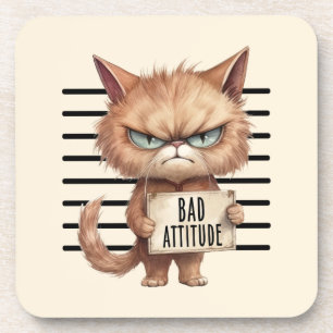 Bad Attitude Cat Mugshot – Funny Feline Design Beverage Coaster