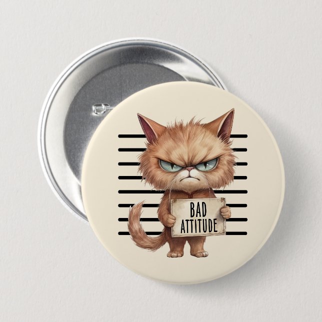 Bad Attitude Cat Mugshot – Funny Feline Design Button (Front & Back)