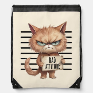 Bad Attitude Cat Mugshot – Funny Feline Design Drawstring Bag