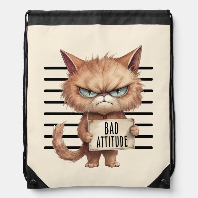 Bad Attitude Cat Mugshot – Funny Feline Design Drawstring Bag (Front)