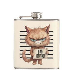 Bad Attitude Cat Mugshot – Funny Feline Design Flask