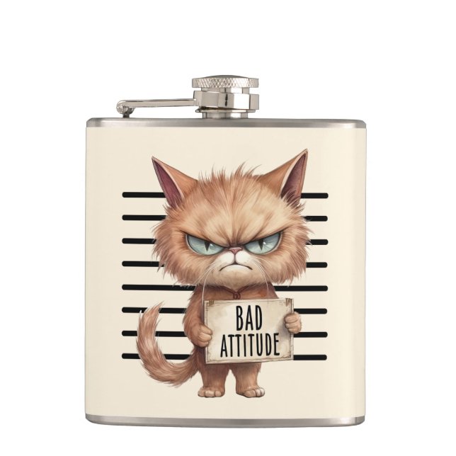 Bad Attitude Cat Mugshot – Funny Feline Design Flask (Front)