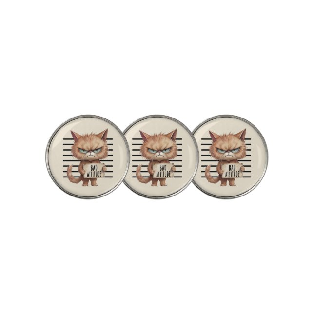 Bad Attitude Cat Mugshot – Funny Feline Design Golf Ball Marker (3 Up)