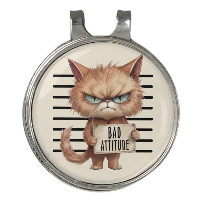 Bad Attitude Cat Mugshot – Funny Feline Design Golf Hat Clip (Front)