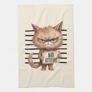 Bad Attitude Cat Mugshot – Funny Feline Design Kitchen Towel
