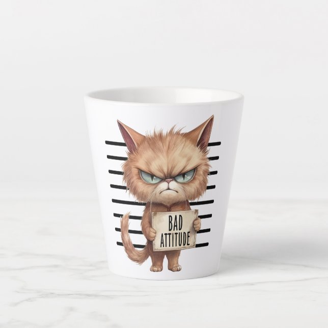 Bad Attitude Cat Mugshot – Funny Feline Design Latte Mug (Front)