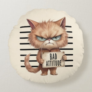 Bad Attitude Cat Mugshot – Funny Feline Design Round Pillow
