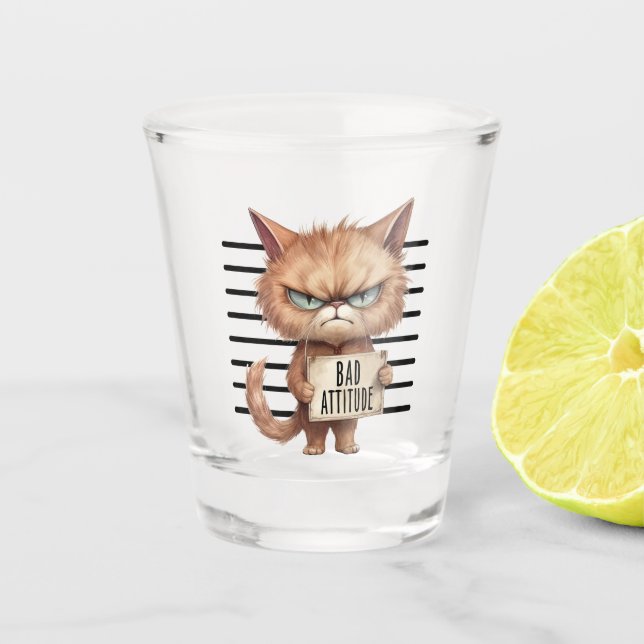 Bad Attitude Cat Mugshot – Funny Feline Design Shot Glass (Front)