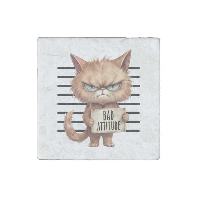 Bad Attitude Cat Mugshot – Funny Feline Design Stone Magnet (Front)