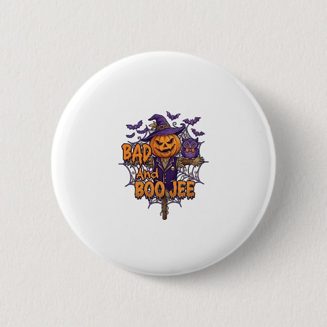 Bad Boo Jee Pumpkin Scarecrow Purple Owl Bats Button (Front)