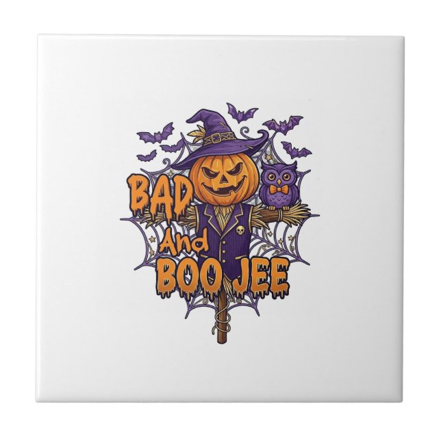 Bad Boo Jee Pumpkin Scarecrow Purple Owl Bats Ceramic Tile (Front)