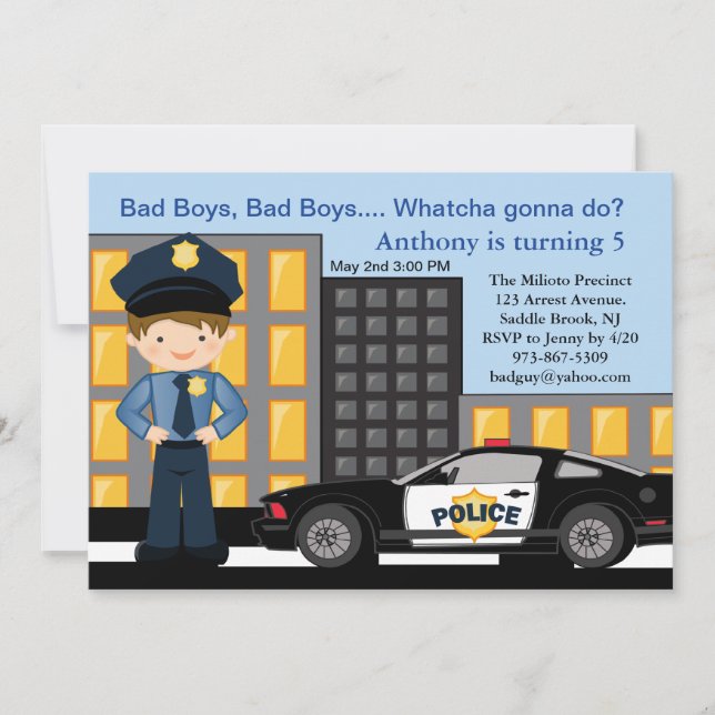 Bad Boys, Bad Boys Policeman Birthday Invitation (Front)