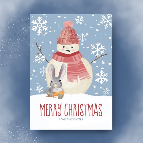 Bad Bunny Rabbit  Snowman Funny Christmas Holiday Card