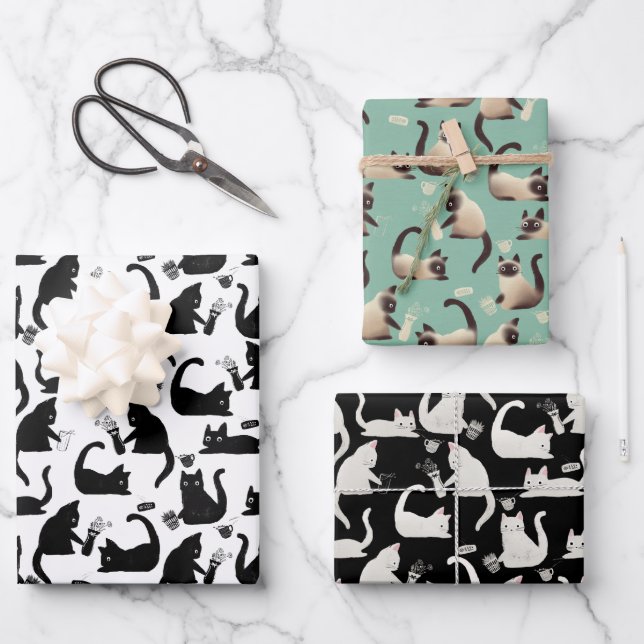 Bad Cats Knocking Stuff Over Pattern Wrapping Paper Sheets (Front)