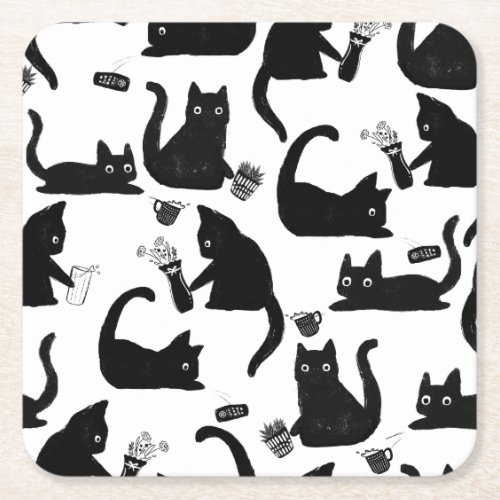 Bad Cats Knocking Stuff Over Square Paper Coaster