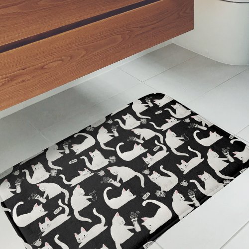 Bad Cats Knocking Stuff Over White Cats on Black Bath Mat