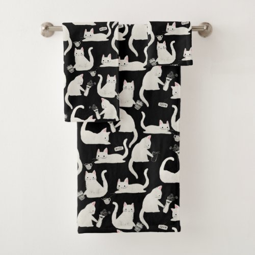 Bad Cats Knocking Stuff Over White Cats on Black Bath Towel Set