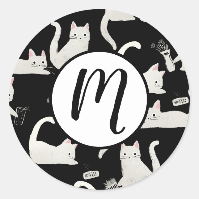 Bad Cats Knocking Stuff Over, White Cats on Black Classic Round Sticker (Front)