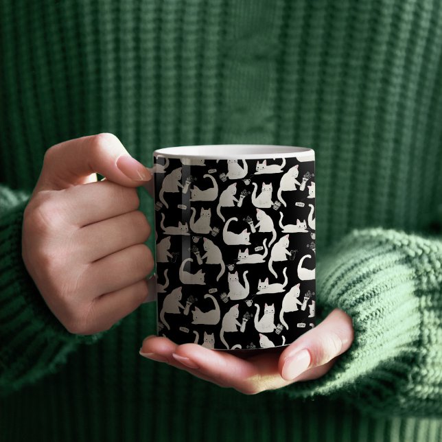 Bad Cats Knocking Stuff Over, White Cats on Black Coffee Mug (Bad White Cats Knocking Stuff Over Mug)