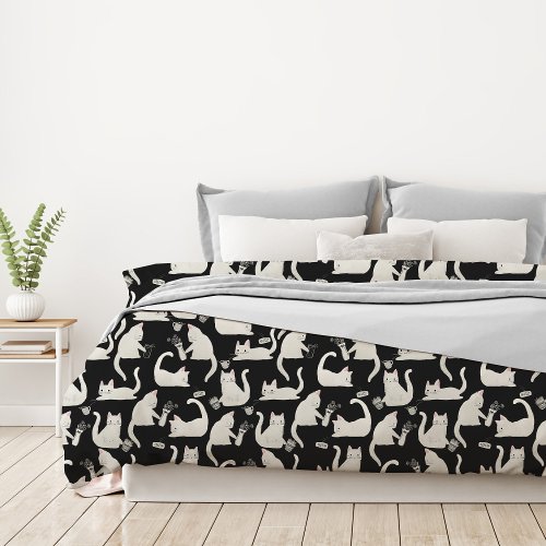 Bad Cats Knocking Stuff Over White Cats on Black Duvet Cover