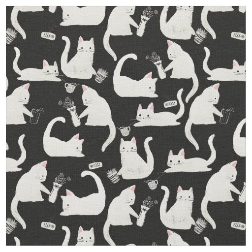 Bad Cats Knocking Stuff Over, White Cats on Black Fabric