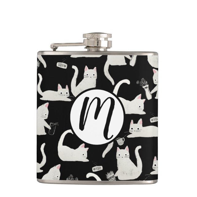 Bad Cats Knocking Stuff Over, White Cats on Black Flask (Front)