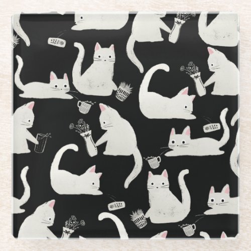Bad Cats Knocking Stuff Over White Cats on Black Glass Coaster